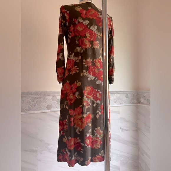 J Jill A-Line Stretch 3/4 Sleeves Floral Brown and Red Midi Dress XS - Picture 8 of 9